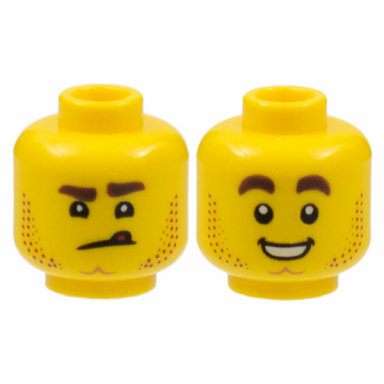 yellow minifigure head dual sided stubble dimpled chin angry scowl with tongue smile with teeth pattern