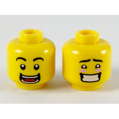yellow minifigure head dual sided black eyebrows wide open smile with teeth and tongue blushing with teeth pattern