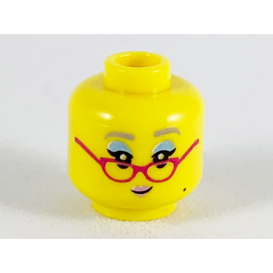 yellow minifigure head female lavender eyebrows metallic light blue eye shadow magenta glasses metallic pink lips beauty mark pattern