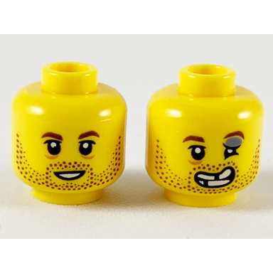 yellow minifigure head dual sided reddish brown eyebrows and stubble smile injured left eye and broken teeth pattern