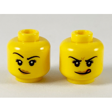 yellow minifigure head dual sided female black eyebrows medium nougat lips smirk with raised right eyebrow licking lips pattern