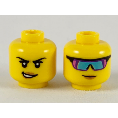 yellow minifigure head dual sided female medium nougat lips crooked smile dark pink dark purple and dark azure sunglasses pattern