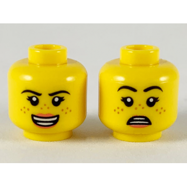 yellow minifigure head dual sided female black eyebrows medium nougat freckles coral lips open mouth smile scared pattern