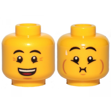 yellow minifigure head dual sided eyebrows crows feet open mouth smile queasy expression with sweat drop pattern