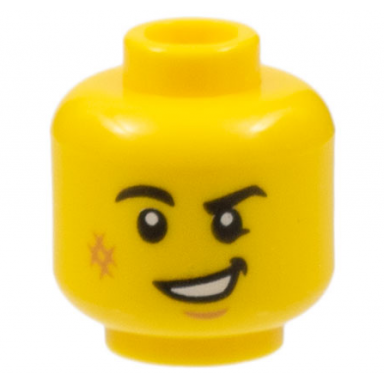 yellow minifigure head black eyebrows right rounded medium nougat scuff mark and chin dimple lopsided open mouth smile with teeth pattern