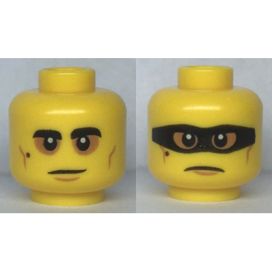 yellow minifigure head dual sided black eyebrows and mole medium nougat cheek lines baggy eyes frown with black mask pattern