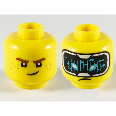 yellow minifigure head dual sided reddish brown eyebrows medium nougat freckles hud with black screen medium azure highlights pattern