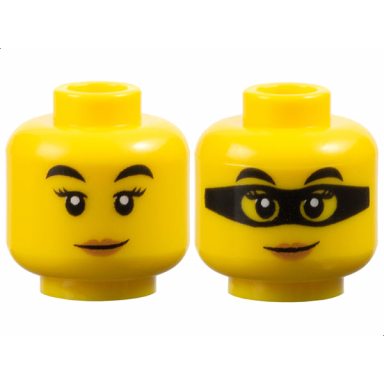 yellow minifigure head dual sided female black eyebrows eyelashes medium nougat lips lopsided grin black mask pattern