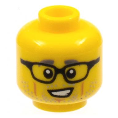 yellow minifigure head gray eyebrows and stubble medium nougat cheek lines and chin dimple black glasses pattern