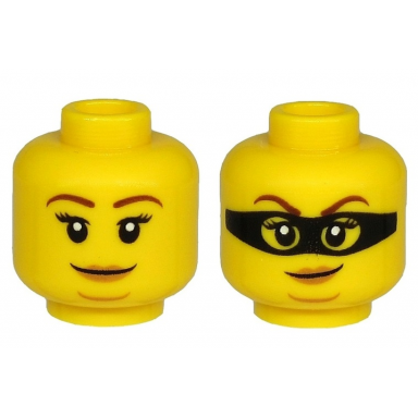 yellow minifigure head dual sided female brown eyebrows peach lips chin dimple and closed mouth smirk black mask pattern