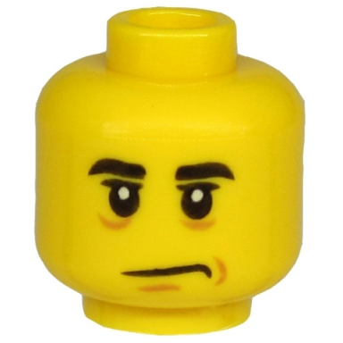 yellow minifigure head black eyebrows black eyes with white pupils chin dimple sad mouth pattern