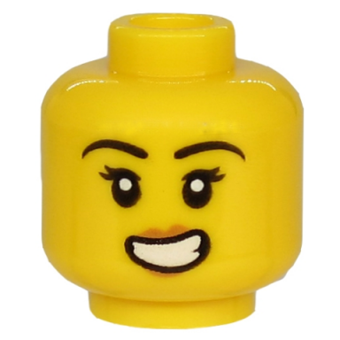 yellow minifigure head female black eyebrows eyelashes medium nougat lips lopsided open mouth with teeth scared pattern