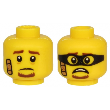 yellow minifigure head dual sided brown eyebrows and goatee bandage sad scared face with black mask pattern