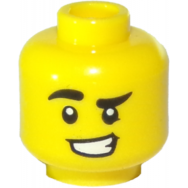 yellow minifigure head black eyebrows left lowered lopsided grin sly expression pattern