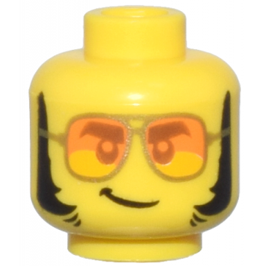 yellow minifigure head dark orange eyebrows and eyes gold sunglasses with orange lenses black thick sideburns lopsided grin pattern