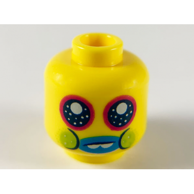 yellow minifigure head large dark blue eyes with magenta outlines dark azure lips 2 white teeth lime cheeks pattern