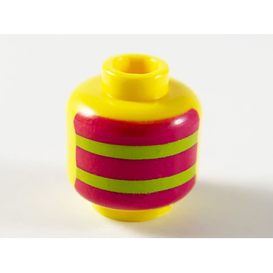 yellow minifigure head without face with magenta and lime horizontal stripes pattern
