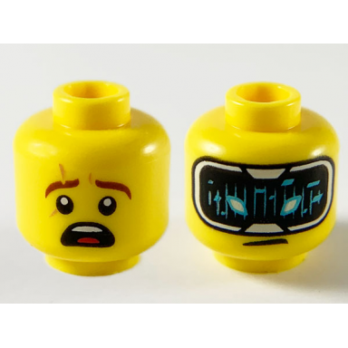 yellow minifigure head dual sided reddish brown eyebrows with scar surprised hud with black screen medium azure highlights pattern