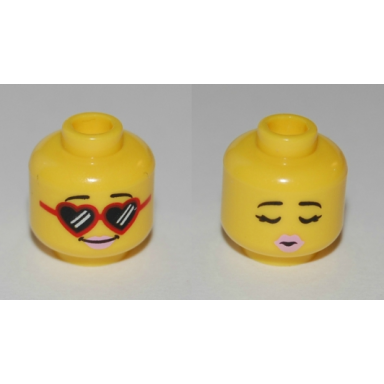 yellow minifigure head dual sided female black eyebrows red heart-shaped sunglasses bright pink lips eyes closed kissing pattern bam
