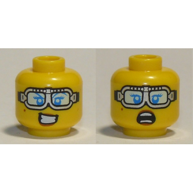 yellow minifigure head dual sided female silver glasses large smile with teeth scared pattern