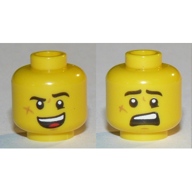 yellow minifigure head dual sided black eyebrows cheek scar open mouth smile scared pattern