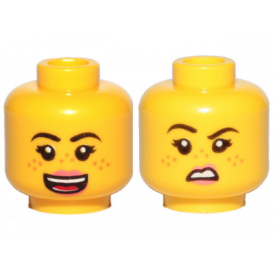 yellow minifigure head dual sided female black eyebrows medium nougat freckles dark pink lips open mouth smile disgusted pattern