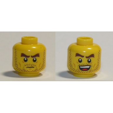 yellow minifigure head dual sided dark brown beard stubble dark brown thick eyebrows grumpy open mouth smile pattern