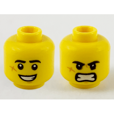 yellow minifigure head dual sided black eyebrows cheek scar large smile with teeth angry pattern