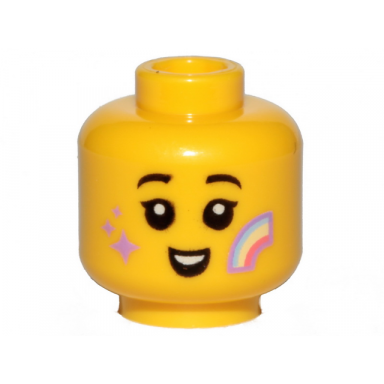 yellow minifigure head child black eyebrows smile rainbow and lavender stars on cheeks pattern