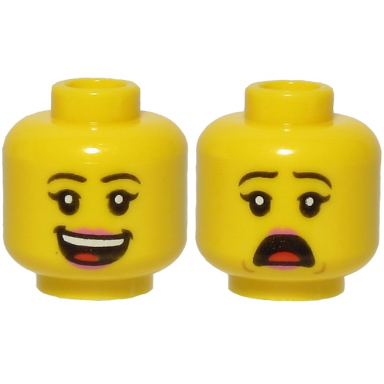 yellow minifigure head dual sided female black eyebrows pink lips smile with teeth and tongue scared pattern