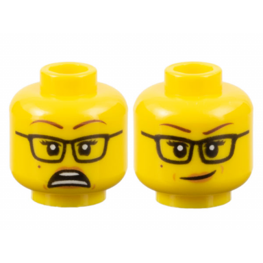 yellow minifigure head dual sided female reddish brown eyebrows black glasses nougat lips beauty mark scared lopsided smile pattern