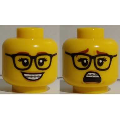 yellow minifigure head dual sided female reddish brown eyebrows glasses nougat lips braces open smile scared pattern