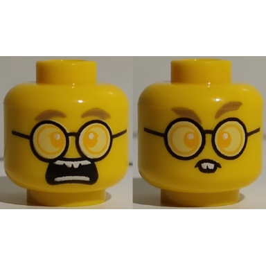 yellow minifigure head dual sided dark tan eyebrows bright light orange eyes round glasses scared rodent teeth pattern
