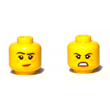 yellow minifigure head dual sided female freckles pink lips raised right eyebrow smile angry pattern