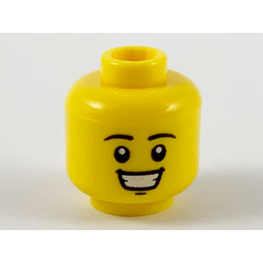 yellow minifigure head black eyebrows chin dimple open mouth smile with teeth pattern