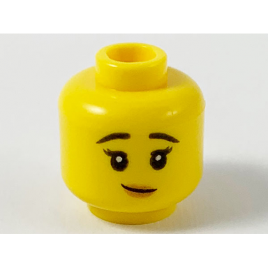 yellow minifigure head female black raised eyebrows lopsided smile with peach lips pattern