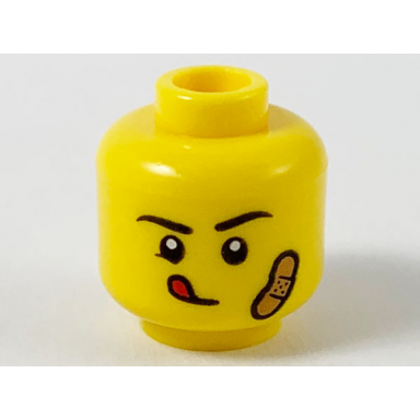 yellow minifigure head black eyebrows red tongue sticking out medium nougat bandage on left cheek pattern