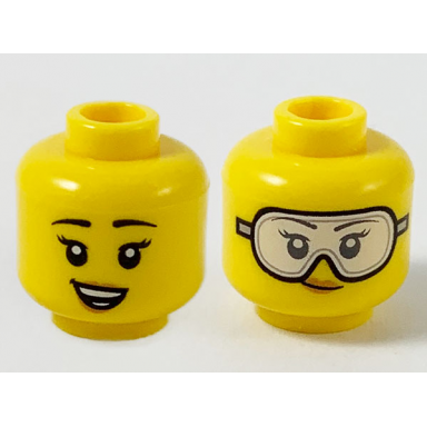 yellow minifigure head dual sided female black eyebrows peach lips smile showing teeth safety goggles pattern