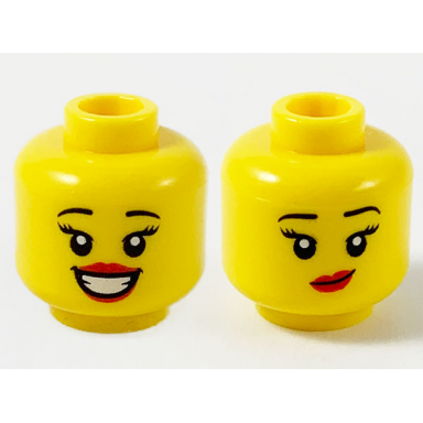 yellow minifigure head dual sided female black eyebrows red lips large smile showing teeth small lopsided grin pattern