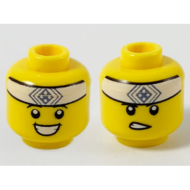 yellow minifigure head dual sided white headband with sand blue square symbol smile gritted teeth pattern