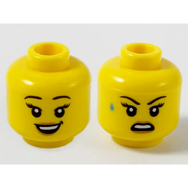 yellow minifigure head dual sided female black eyebrows peach lips smile showing teeth open mouth with sweat drop pattern