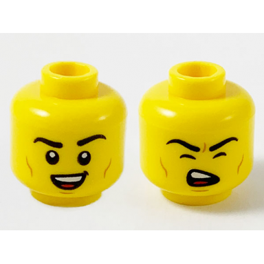 yellow minifigure head dual sided black eyebrows medium nougat cheek lines smile showing teeth singing with eyes closed pattern