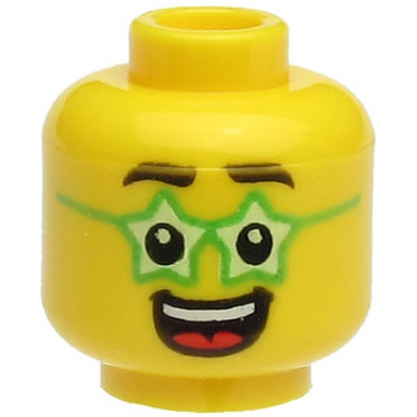 yellow minifigure head black eyebrows green glasses star shaped large open mouth smile with teeth and tongue pattern