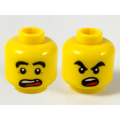 yellow minifigure head dual sided black thick eyebrows chipped tooth scared angry pattern