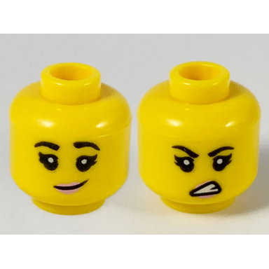 yellow minifigure head dual sided female black eyebrows bright pink lips lopsided grin sneer pattern