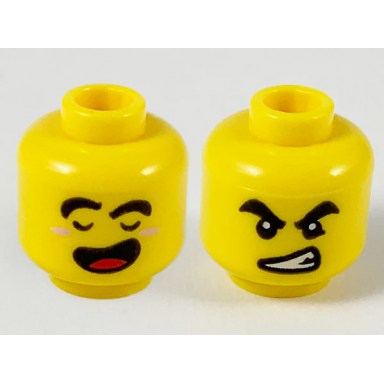 yellow minifigure head dual sided black thick eyebrows closed eyes and open mouth with red tongue angry with bared teeth pattern