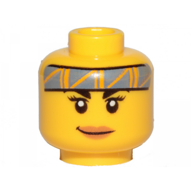 yellow minifigure head female black eyebrows medium nougat lips sand blue headband with bright light orange stripes smile pattern