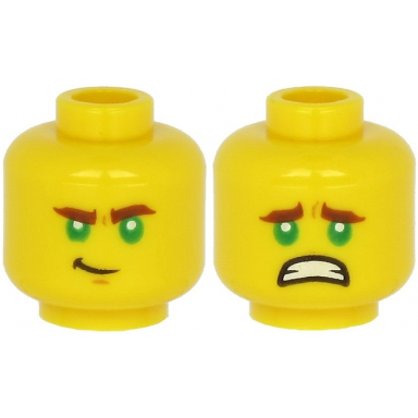 yellow minifigure head dual sided reddish brown thick eyebrows green eyes chin dimple lopsided grin scared with teeth pattern