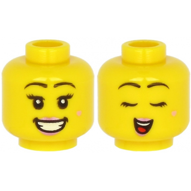 yellow minifigure head dual sided female black eyebrows metallic pink lips beauty mark open mouth smile with teeth closed eyes singing pattern