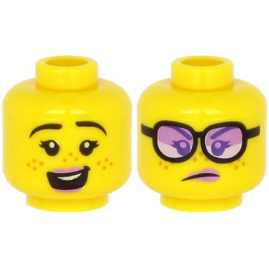 yellow minifigure head dual sided female lavender lips black eyebrows freckles open mouth with teeth smile angry with glasses pattern